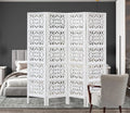 Urbane Crafts Handcrafted Wooden Room Divider & Living Room Partition | 4-Panel Solid Mango Wood & MDF Privacy Screen with Modern Geometric Floral Block Carvings | Classic White Finish
