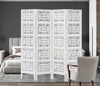 Urbane Crafts Handcrafted Wooden Room Divider & Living Room Partition | 4-Panel Solid Mango Wood & MDF Privacy Screen with Modern Geometric Floral Block Carvings | Classic White Finish
