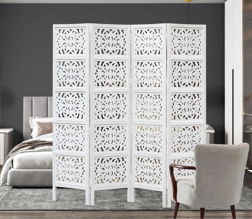 Urbane Crafts Handcrafted Wooden Room Divider & Living Room Partition | 4-Panel Solid Mango Wood & MDF Privacy Screen with Modern Geometric Floral Block Carvings | Classic White Finish