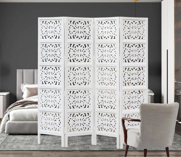Urbane Crafts Handcrafted Wooden Room Divider & Living Room Partition | 4-Panel Solid Mango Wood & MDF Privacy Screen with Modern Geometric Floral Block Carvings | Classic White Finish