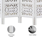 Urbane Crafts Handcrafted Wooden Room Divider & Living Room Partition | 4-Panel Solid Mango Wood & MDF Privacy Screen with Modern Geometric Floral Block Carvings | Classic White Finish