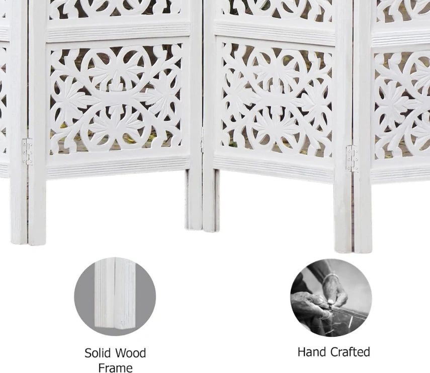 Urbane Crafts Handcrafted Wooden Room Divider & Living Room Partition | 4-Panel Solid Mango Wood & MDF Privacy Screen with Modern Geometric Floral Block Carvings | Classic White Finish