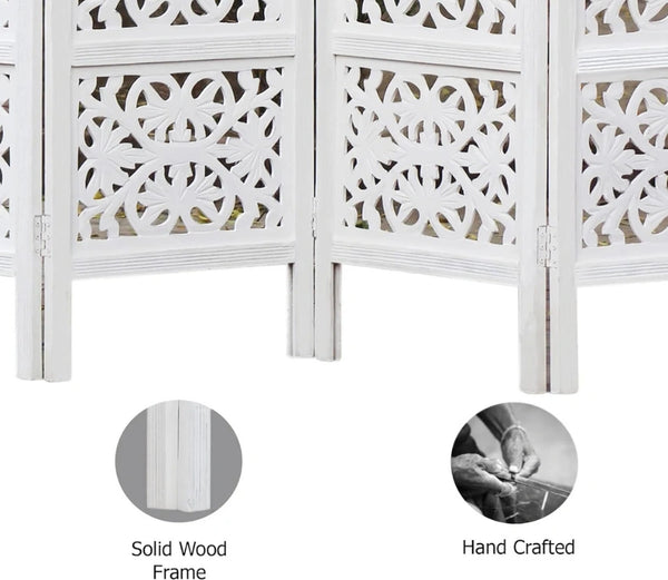 Urbane Crafts Handcrafted Wooden Room Divider & Living Room Partition | 4-Panel Solid Mango Wood & MDF Privacy Screen with Modern Geometric Floral Block Carvings | Classic White Finish