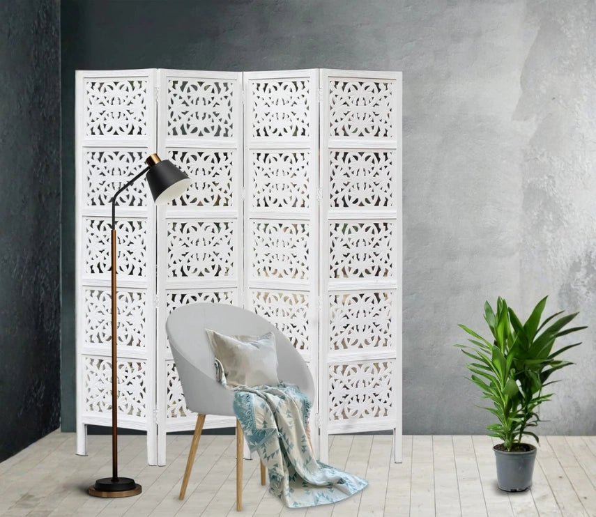 Urbane Crafts Handcrafted Wooden Room Divider & Living Room Partition | 4-Panel Solid Mango Wood & MDF Privacy Screen with Modern Geometric Floral Block Carvings | Classic White Finish