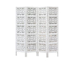 Urbane Crafts Handcrafted Wooden Room Divider & Living Room Partition | 4-Panel Solid Mango Wood & MDF Privacy Screen with Modern Geometric Floral Block Carvings | Classic White Finish