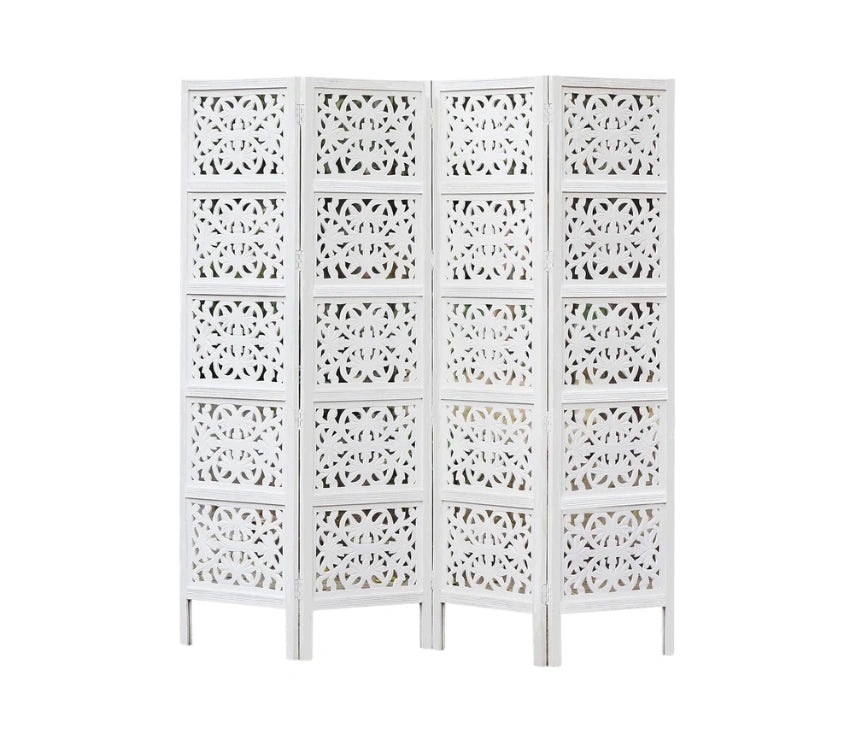 Urbane Crafts Handcrafted Wooden Room Divider & Living Room Partition | 4-Panel Solid Mango Wood & MDF Privacy Screen with Modern Geometric Floral Block Carvings | Classic White Finish