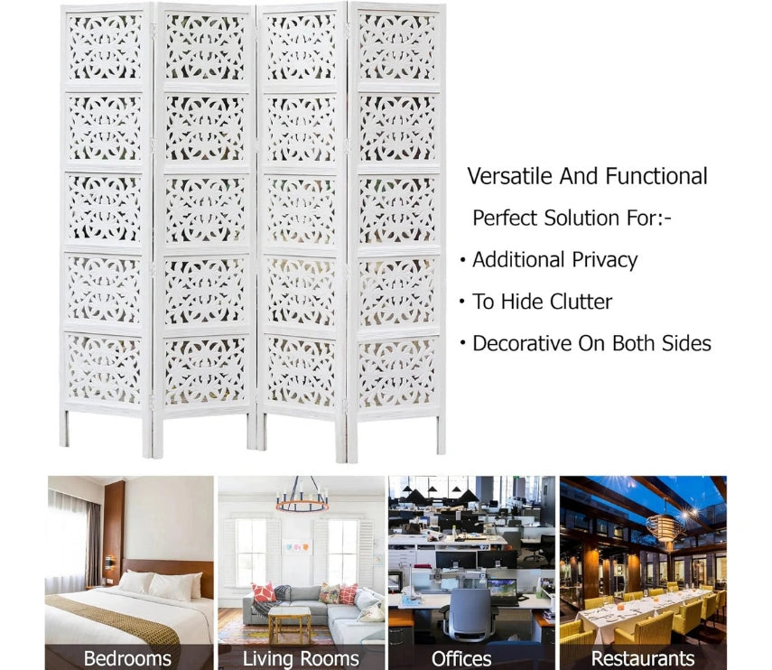 Urbane Crafts Handcrafted Wooden Room Divider & Living Room Partition | 4-Panel Solid Mango Wood & MDF Privacy Screen with Modern Geometric Floral Block Carvings | Classic White Finish