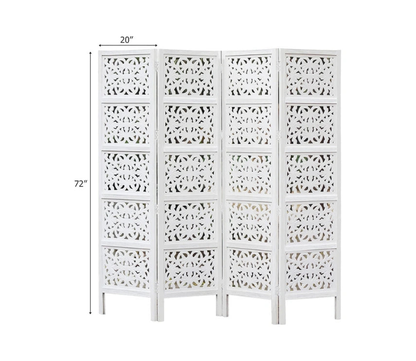 Urbane Crafts Handcrafted Wooden Room Divider & Living Room Partition | 4-Panel Solid Mango Wood & MDF Privacy Screen with Modern Geometric Floral Block Carvings | Classic White Finish