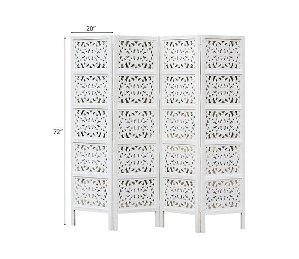 Urbane Crafts Handcrafted Wooden Room Divider & Living Room Partition | 4-Panel Solid Mango Wood & MDF Privacy Screen with Modern Geometric Floral Block Carvings | Classic White Finish