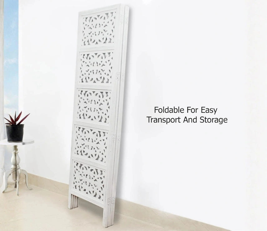 Urbane Crafts Handcrafted Wooden Room Divider & Living Room Partition | 4-Panel Solid Mango Wood & MDF Privacy Screen with Modern Geometric Floral Block Carvings | Classic White Finish