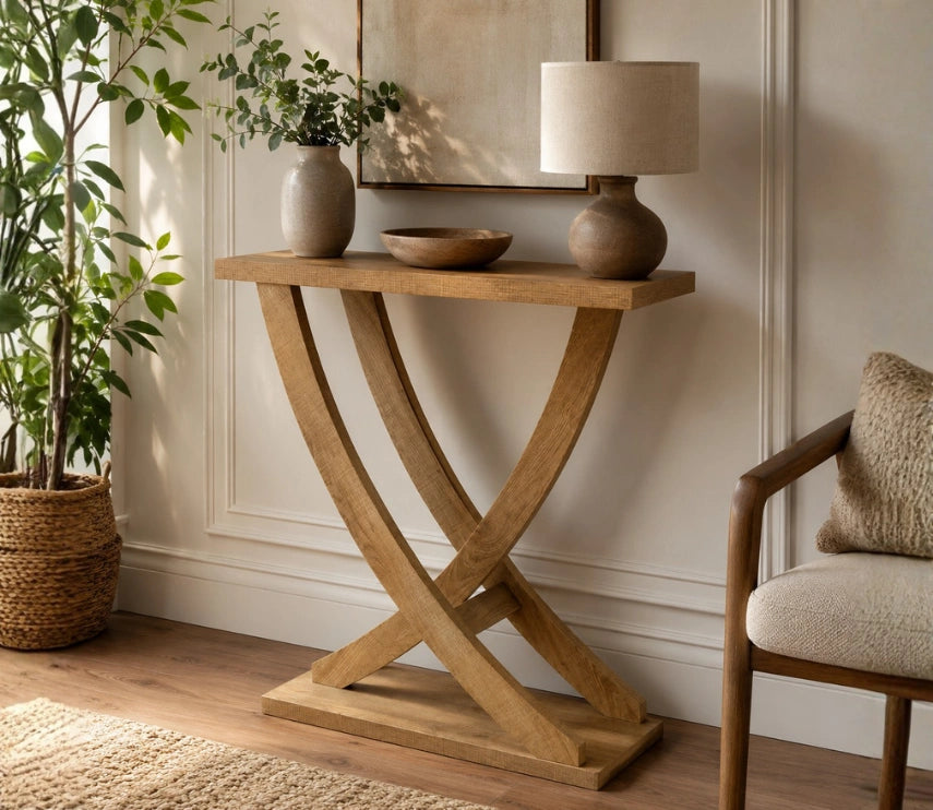 Modern Wooden Console Table with Geometric X-Base Design | Contemporary Entryway & Living Room Accent Table