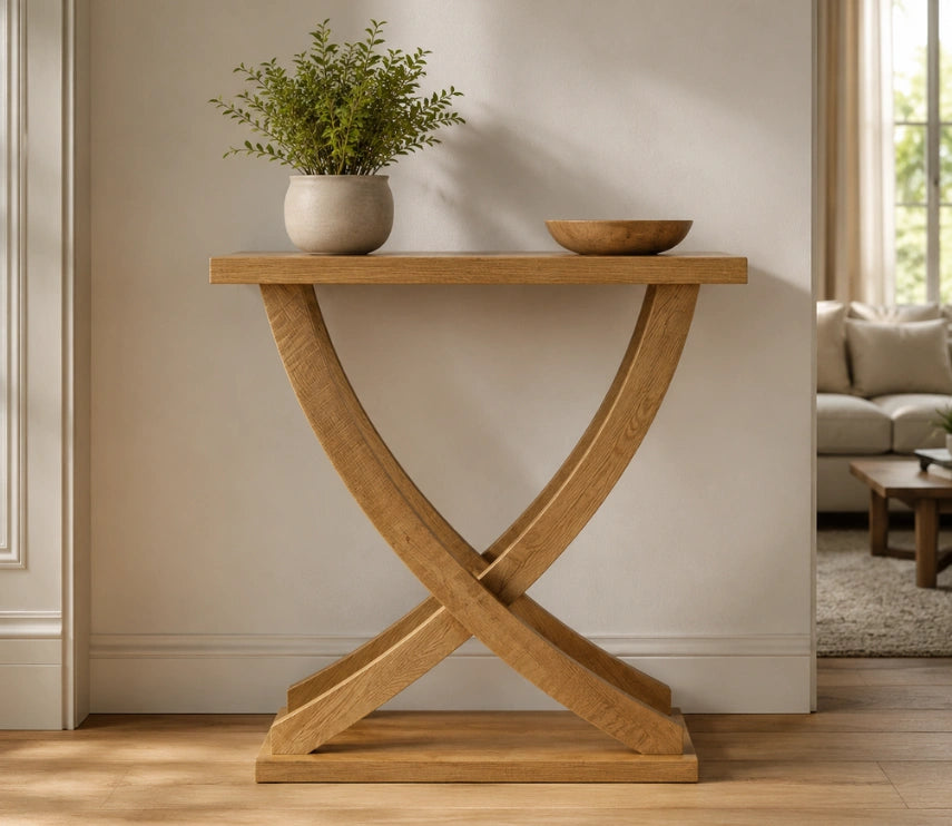Modern Wooden Console Table with Geometric X-Base Design | Contemporary Entryway & Living Room Accent Table