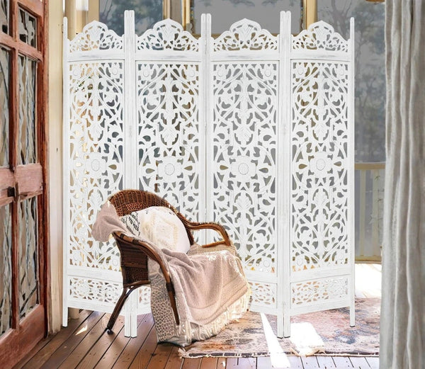 Urbane Crafts Handcrafted Wooden Room Divider & Living Room Partition | 4-Panel Solid Mango Wood & MDF Privacy Screen with Symmetrical Mandala Floral Carvings | Crisp Distressed White Finish