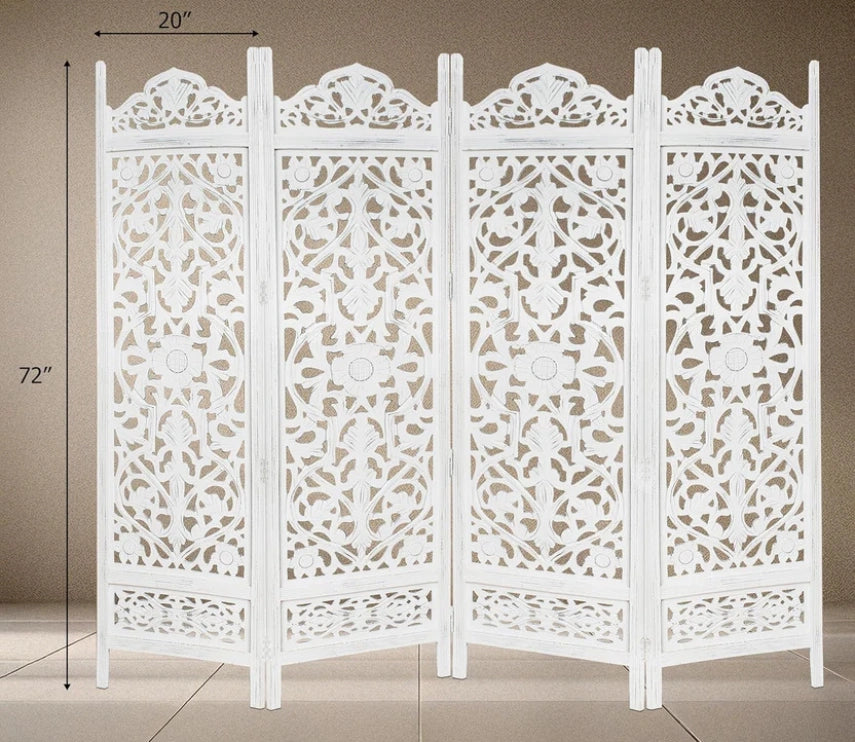 Urbane Crafts Handcrafted Wooden Room Divider & Living Room Partition | 4-Panel Solid Mango Wood & MDF Privacy Screen with Symmetrical Mandala Floral Carvings | Crisp Distressed White Finish