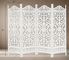 Urbane Crafts Handcrafted Wooden Room Divider & Living Room Partition | 4-Panel Solid Mango Wood & MDF Privacy Screen with Symmetrical Mandala Floral Carvings | Crisp Distressed White Finish