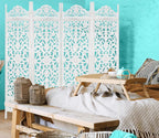 Urbane Crafts Handcrafted Wooden Room Divider & Living Room Partition | 4-Panel Solid Mango Wood & MDF Privacy Screen with Symmetrical Mandala Floral Carvings | Crisp Distressed White Finish