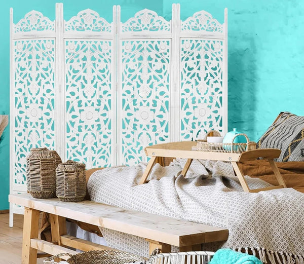 Urbane Crafts Handcrafted Wooden Room Divider & Living Room Partition | 4-Panel Solid Mango Wood & MDF Privacy Screen with Symmetrical Mandala Floral Carvings | Crisp Distressed White Finish