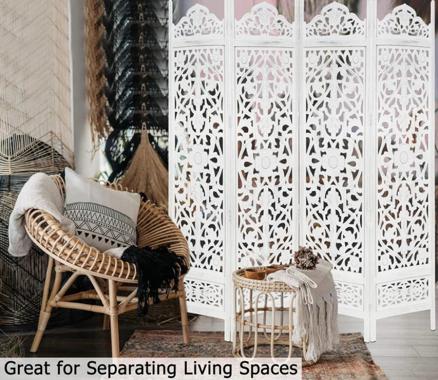 Urbane Crafts Handcrafted Wooden Room Divider & Living Room Partition | 4-Panel Solid Mango Wood & MDF Privacy Screen with Symmetrical Mandala Floral Carvings | Crisp Distressed White Finish
