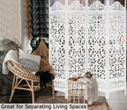 Urbane Crafts Handcrafted Wooden Room Divider & Living Room Partition | 4-Panel Solid Mango Wood & MDF Privacy Screen with Symmetrical Mandala Floral Carvings | Crisp Distressed White Finish