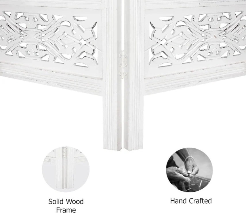 Urbane Crafts Handcrafted Wooden Room Divider & Living Room Partition | 4-Panel Solid Mango Wood & MDF Privacy Screen with Symmetrical Mandala Floral Carvings | Crisp Distressed White Finish