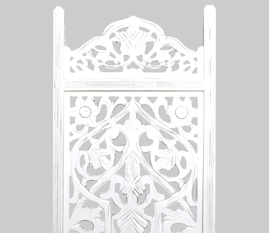 Urbane Crafts Handcrafted Wooden Room Divider & Living Room Partition | 4-Panel Solid Mango Wood & MDF Privacy Screen with Symmetrical Mandala Floral Carvings | Crisp Distressed White Finish
