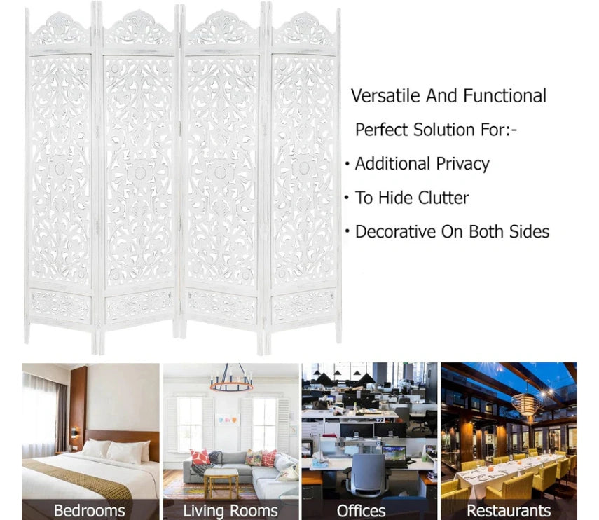 Urbane Crafts Handcrafted Wooden Room Divider & Living Room Partition | 4-Panel Solid Mango Wood & MDF Privacy Screen with Symmetrical Mandala Floral Carvings | Crisp Distressed White Finish