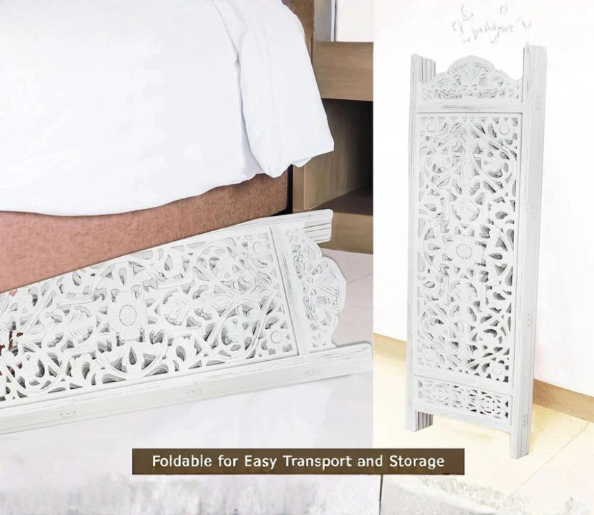 Urbane Crafts Handcrafted Wooden Room Divider & Living Room Partition | 4-Panel Solid Mango Wood & MDF Privacy Screen with Symmetrical Mandala Floral Carvings | Crisp Distressed White Finish