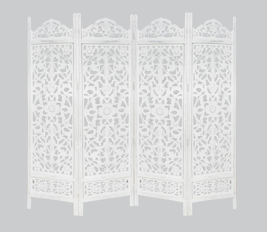 Urbane Crafts Handcrafted Wooden Room Divider & Living Room Partition | 4-Panel Solid Mango Wood & MDF Privacy Screen with Symmetrical Mandala Floral Carvings | Crisp Distressed White Finish