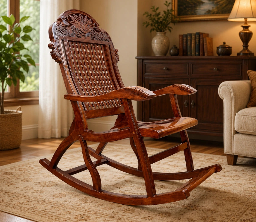 Urbane Crafts Handcrafted Solid Rosewood Rocking Chair | Premium Sheesham Wood Armchair with Intricate Crown Carvings & Comfortable Lattice Backrest | Rich Glossy Finish
