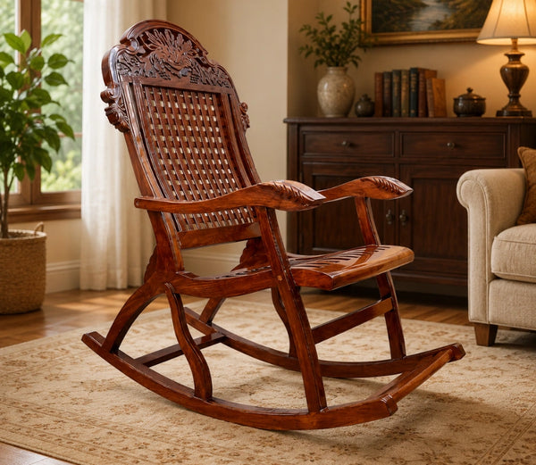 Urbane Crafts Handcrafted Solid Rosewood Rocking Chair | Premium Sheesham Wood Armchair with Intricate Crown Carvings & Comfortable Lattice Backrest | Rich Glossy Finish