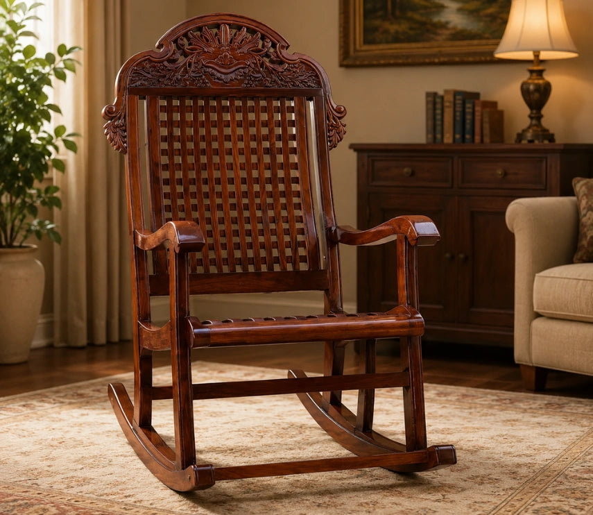 Urbane Crafts Handcrafted Solid Rosewood Rocking Chair | Premium Sheesham Wood Armchair with Intricate Crown Carvings & Comfortable Lattice Backrest | Rich Glossy Finish