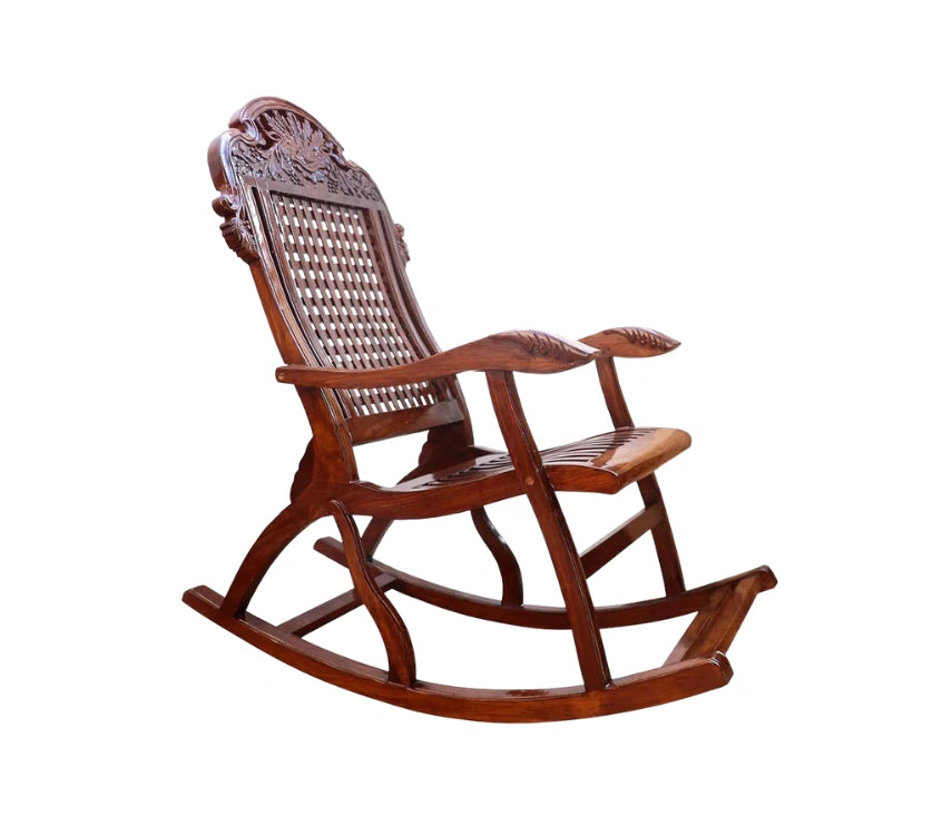 Urbane Crafts Handcrafted Solid Rosewood Rocking Chair | Premium Sheesham Wood Armchair with Intricate Crown Carvings & Comfortable Lattice Backrest | Rich Glossy Finish