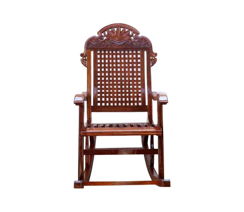 Urbane Crafts Handcrafted Solid Rosewood Rocking Chair | Premium Sheesham Wood Armchair with Intricate Crown Carvings & Comfortable Lattice Backrest | Rich Glossy Finish