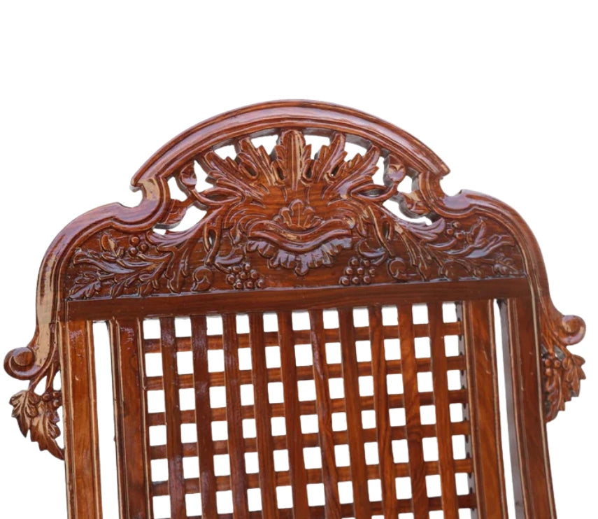 Urbane Crafts Handcrafted Solid Rosewood Rocking Chair | Premium Sheesham Wood Armchair with Intricate Crown Carvings & Comfortable Lattice Backrest | Rich Glossy Finish