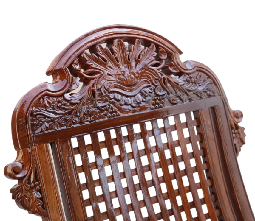 Urbane Crafts Handcrafted Solid Rosewood Rocking Chair | Premium Sheesham Wood Armchair with Intricate Crown Carvings & Comfortable Lattice Backrest | Rich Glossy Finish