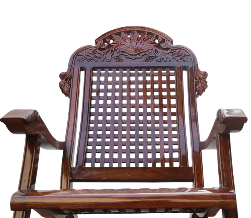 Urbane Crafts Handcrafted Solid Rosewood Rocking Chair | Premium Sheesham Wood Armchair with Intricate Crown Carvings & Comfortable Lattice Backrest | Rich Glossy Finish