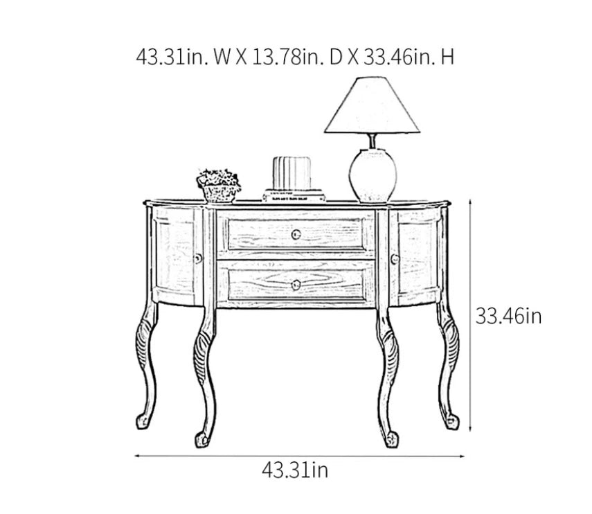 Urbane Crafts Solid Teak Wood Demilune Console Cabinet – Vintage Half-Moon Entryway Sideboard with Drawers, Curved Side Cabinets, and Ornate Cabriole Legs