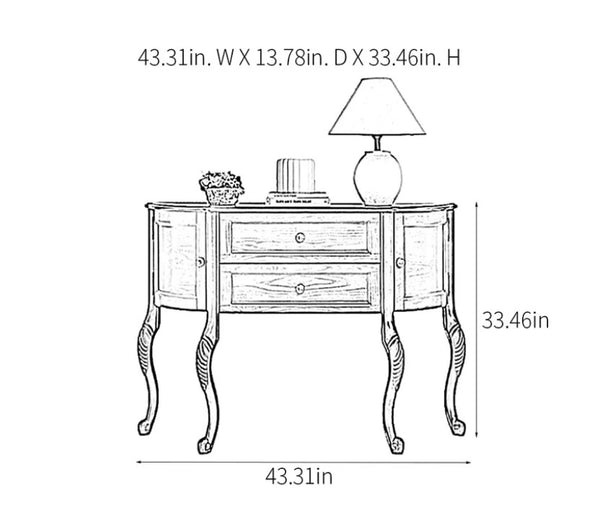 Urbane Crafts Solid Teak Wood Demilune Console Cabinet – Vintage Half-Moon Entryway Sideboard with Drawers, Curved Side Cabinets, and Ornate Cabriole Legs