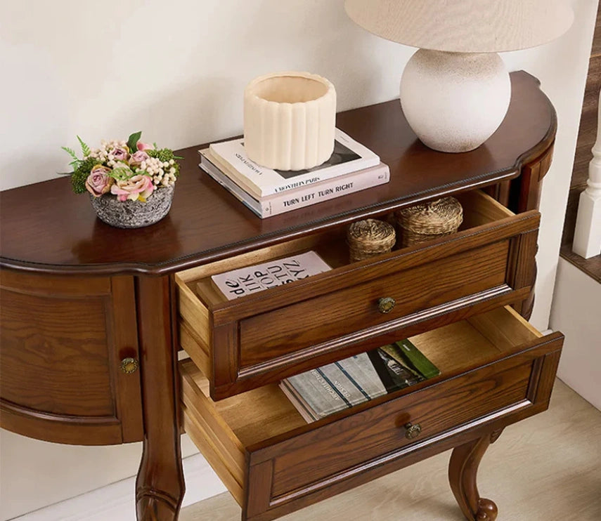 Urbane Crafts Solid Teak Wood Demilune Console Cabinet – Vintage Half-Moon Entryway Sideboard with Drawers, Curved Side Cabinets, and Ornate Cabriole Legs