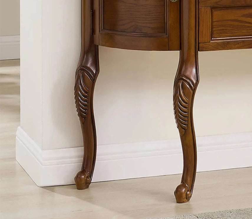Urbane Crafts Solid Teak Wood Demilune Console Cabinet – Vintage Half-Moon Entryway Sideboard with Drawers, Curved Side Cabinets, and Ornate Cabriole Legs