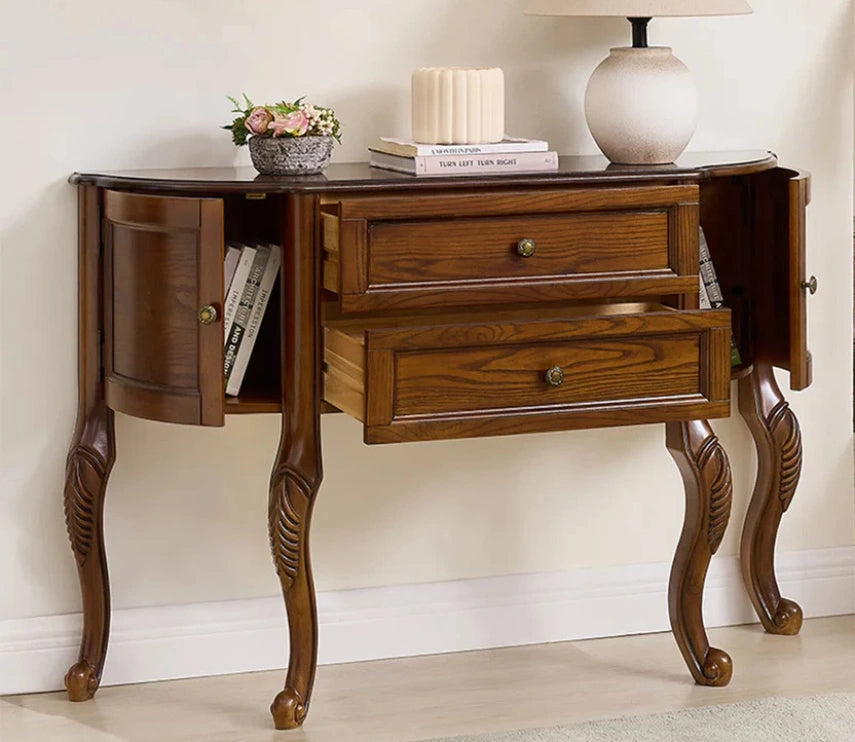 Urbane Crafts Solid Teak Wood Demilune Console Cabinet – Vintage Half-Moon Entryway Sideboard with Drawers, Curved Side Cabinets, and Ornate Cabriole Legs