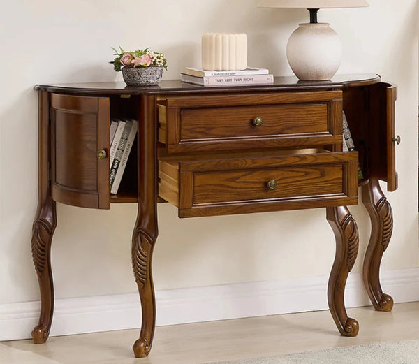 Urbane Crafts Solid Teak Wood Demilune Console Cabinet – Vintage Half-Moon Entryway Sideboard with Drawers, Curved Side Cabinets, and Ornate Cabriole Legs