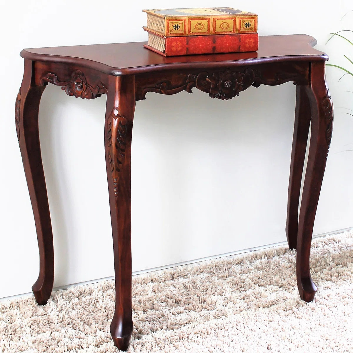 Urbane Crafts Vintage Handcrafted Solid Wood Console Table for Entryway & Living Room – Classic Carved Accent Sofa Table with Curved Legs