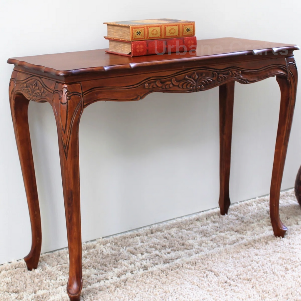 Urbane Crafts Vintage Handcrafted Solid Wood Console Table for Entryway & Living Room – Classic Carved Accent Sofa Table with Curved Legs