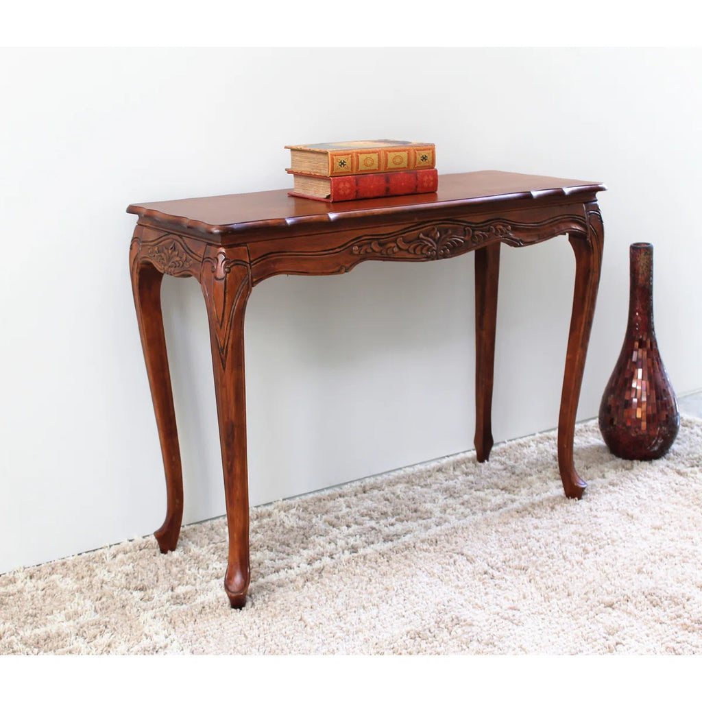 Urbane Crafts Vintage Handcrafted Solid Wood Console Table for Entryway & Living Room – Classic Carved Accent Sofa Table with Curved Legs