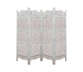Urbane Crafts Handcrafted Wooden Room Divider & Living Room Partition | 4-Panel Solid Mango Wood & MDF Privacy Screen with Multi-Tier Mandala Sunburst Carvings | Distressed White Wash Finish