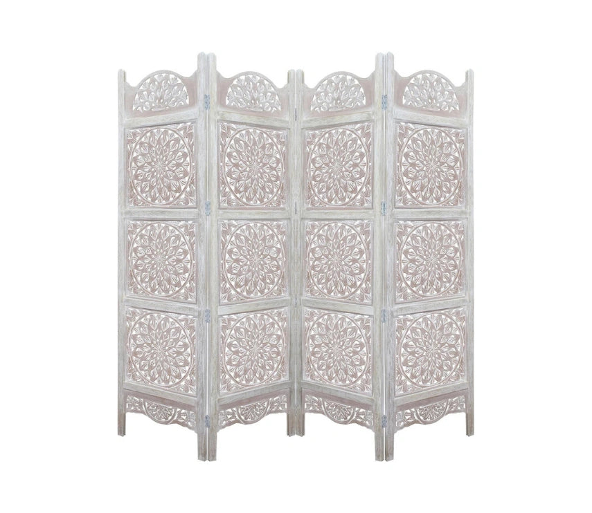 Urbane Crafts Handcrafted Wooden Room Divider & Living Room Partition | 4-Panel Solid Mango Wood & MDF Privacy Screen with Multi-Tier Mandala Sunburst Carvings | Distressed White Wash Finish
