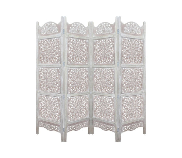 Urbane Crafts Handcrafted Wooden Room Divider & Living Room Partition | 4-Panel Solid Mango Wood & MDF Privacy Screen with Multi-Tier Mandala Sunburst Carvings | Distressed White Wash Finish