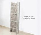 Urbane Crafts Handcrafted Wooden Room Divider & Living Room Partition | 4-Panel Solid Mango Wood & MDF Privacy Screen with Multi-Tier Mandala Sunburst Carvings | Distressed White Wash Finish