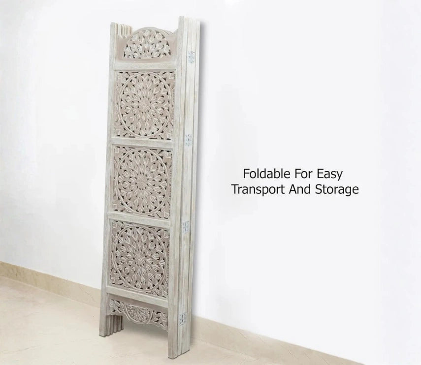 Urbane Crafts Handcrafted Wooden Room Divider & Living Room Partition | 4-Panel Solid Mango Wood & MDF Privacy Screen with Multi-Tier Mandala Sunburst Carvings | Distressed White Wash Finish